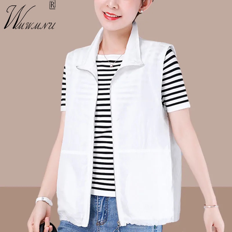 Spring Summer Thin White Vest Women Plus Size 4Xl Casual Basic Sleeveless Jacket Cardigan Basic Turndown Collar Zipper Waistcoat