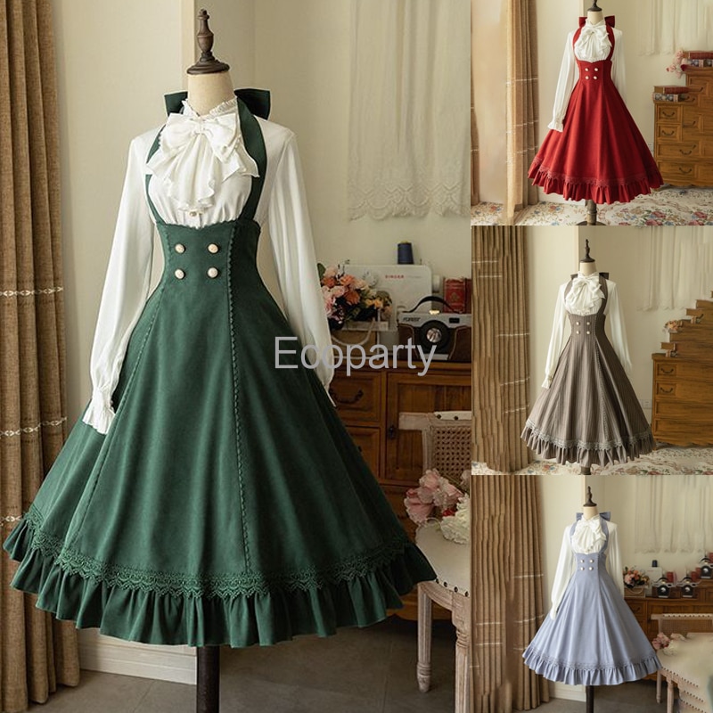Women Sweet Vintage Suspender Dress Victorian Lolita A-Line Dress With Bowknot Long Sleeve Shirt Suit Girls Elegant 2pcs Dresses