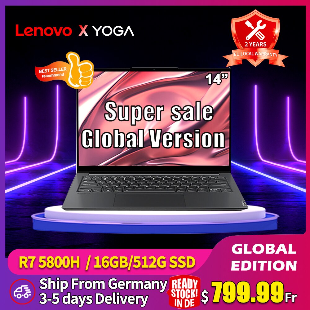 Lenovo YOGA 14s Laptop AMD Ryzen 7 5800H 16GB RAM 512GB SSD 14 Inch Full Screen Notebook 2.8K 90Hz IPS Office Ultrabook